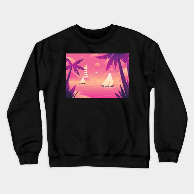 sunset with boat Crewneck Sweatshirt by cityvinart